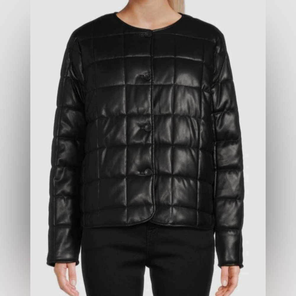 Calvin Klein Women's Black ​Faux Leather Button-Front Quilted Jacket Size Large